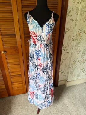 LOFT White Multi-Color Sea life Fish Printed Maxi Dress Size Small